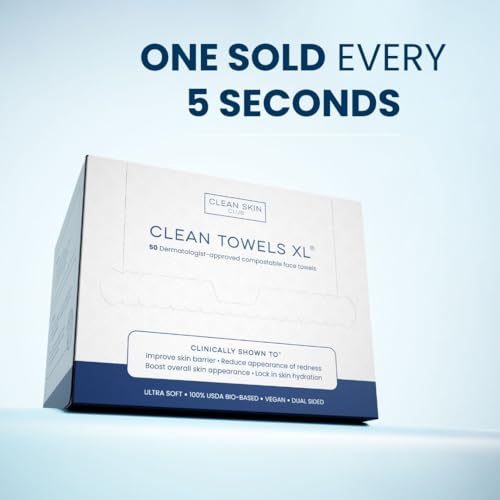 Clean Skin Club Clean Towels XL™, 100% USDA Biobased Face Towel, Disposable Face Towelette, Eczema Association Accepted, Makeup Remover Dry Wipes, Ultra Soft, 50 Ct, 1 Pack