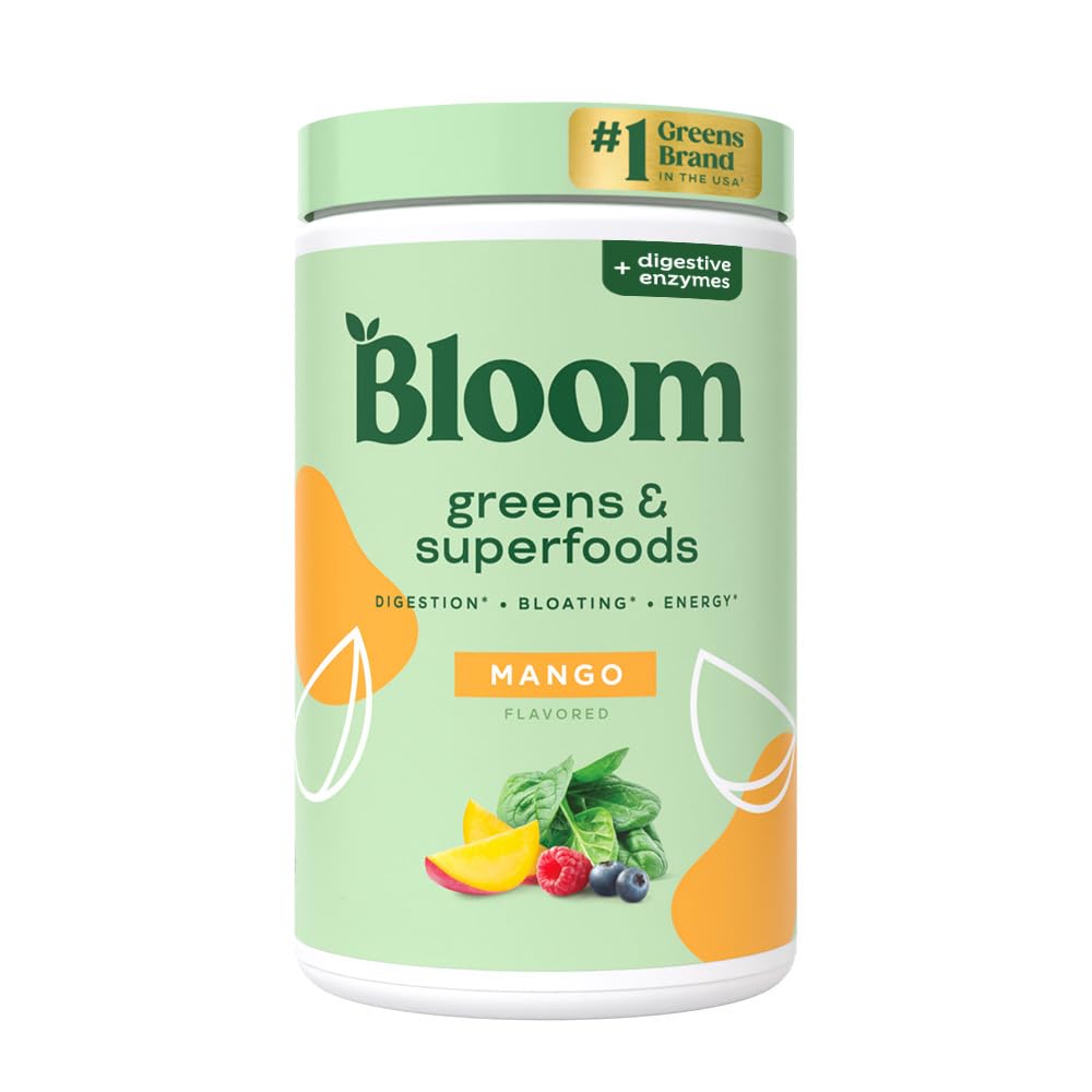 Bloom Nutrition Superfood Greens Powder, Digestive Enzymes with Probiotics and Prebiotics, Gut Health, Bloating Relief for Women, Chlorella, Green Juice Mix with Beet Root Powder, 30 SVG, Mango