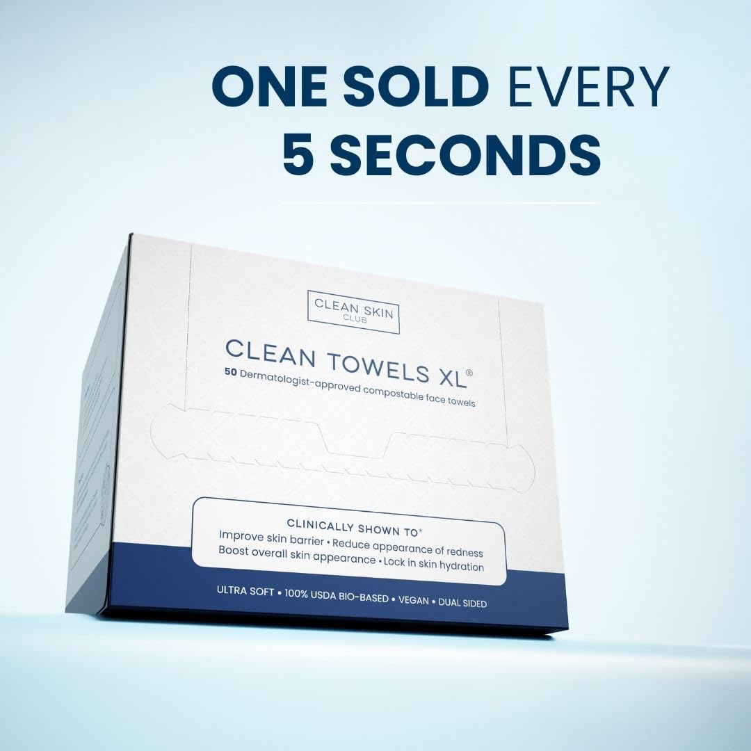 Clean Skin Club Clean Towels XL™, 100% USDA Biobased Face Towel, Disposable Face Towelette, Eczema Association Accepted, Makeup Remover Dry Wipes, Ultra Soft, 50 Ct, 1 Pack