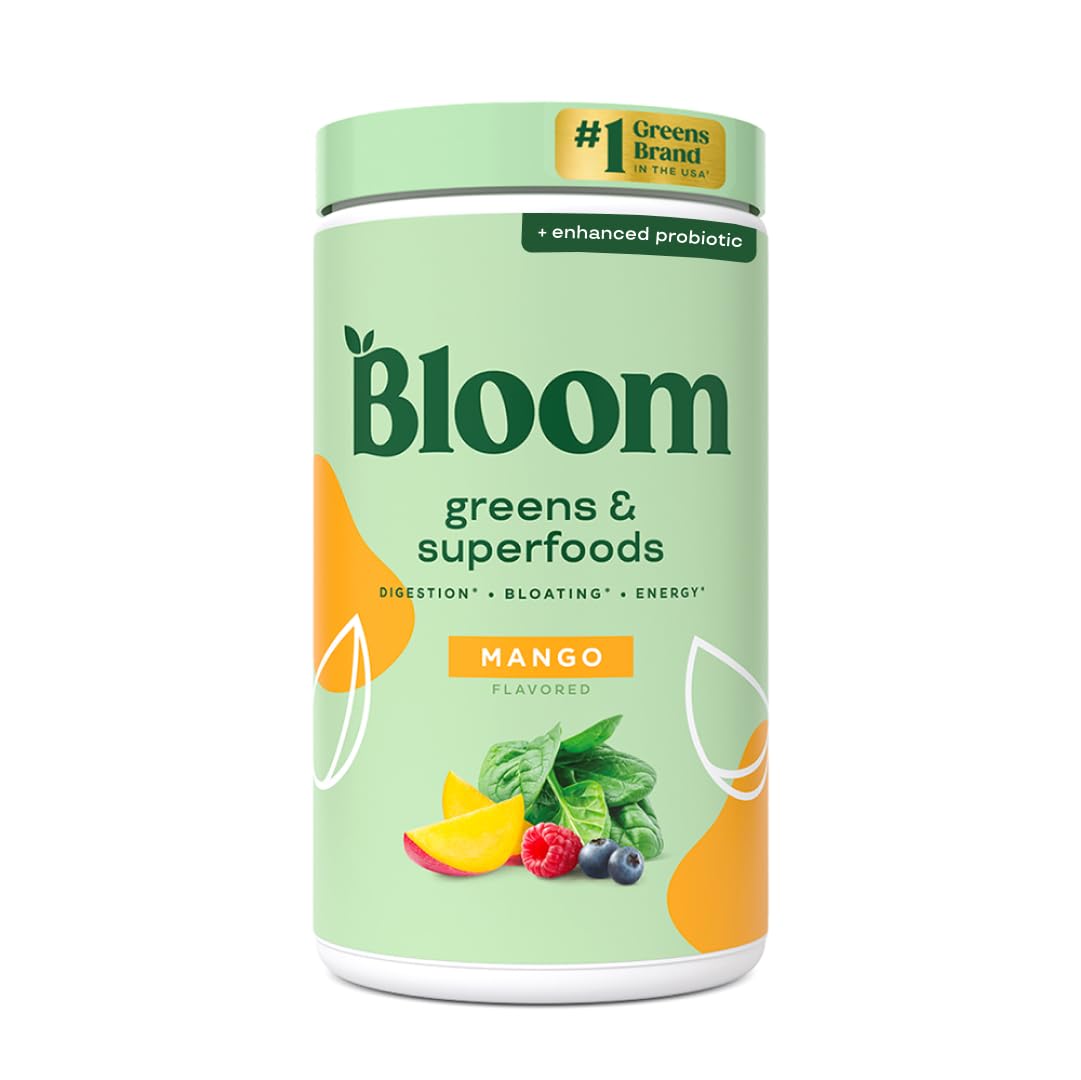 Bloom Nutrition Superfood Greens Powder, Digestive Enzymes with Probiotics and Prebiotics, Gut Health, Bloating Relief for Women, Chlorella, Green Juice Mix with Beet Root Powder, 30 SVG, Mango