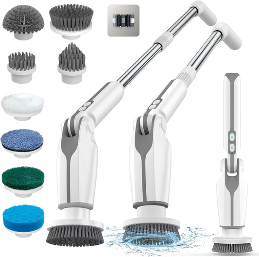 Leebein Electric Spin Scrubber, 2024 New Electric Scrubber with 4 Adjustable Angles and 8 Brush Heads, Shower Scrubber with Long Handle & Remote Control, Cleaning Brush for Bathroom, Tub, Floor(White)