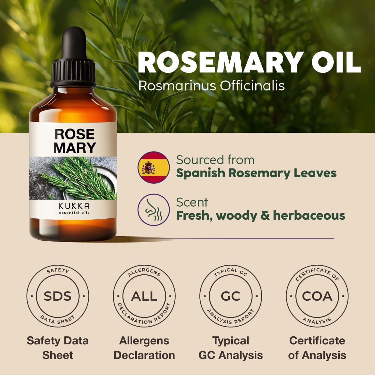 Kukka Rosemary Oil for Hair - 4 Fl Oz - 100% Pure Natural Rosemary Essential Oil - A Great Addition for Shampoo & Scalp Treatments - Made for Hair Care, Skin, Diffusers, Aromatherapy & DIY Soap Making