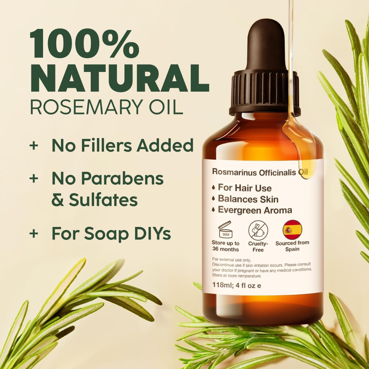 Kukka Rosemary Oil for Hair - 4 Fl Oz - 100% Pure Natural Rosemary Essential Oil - A Great Addition for Shampoo & Scalp Treatments - Made for Hair Care, Skin, Diffusers, Aromatherapy & DIY Soap Making