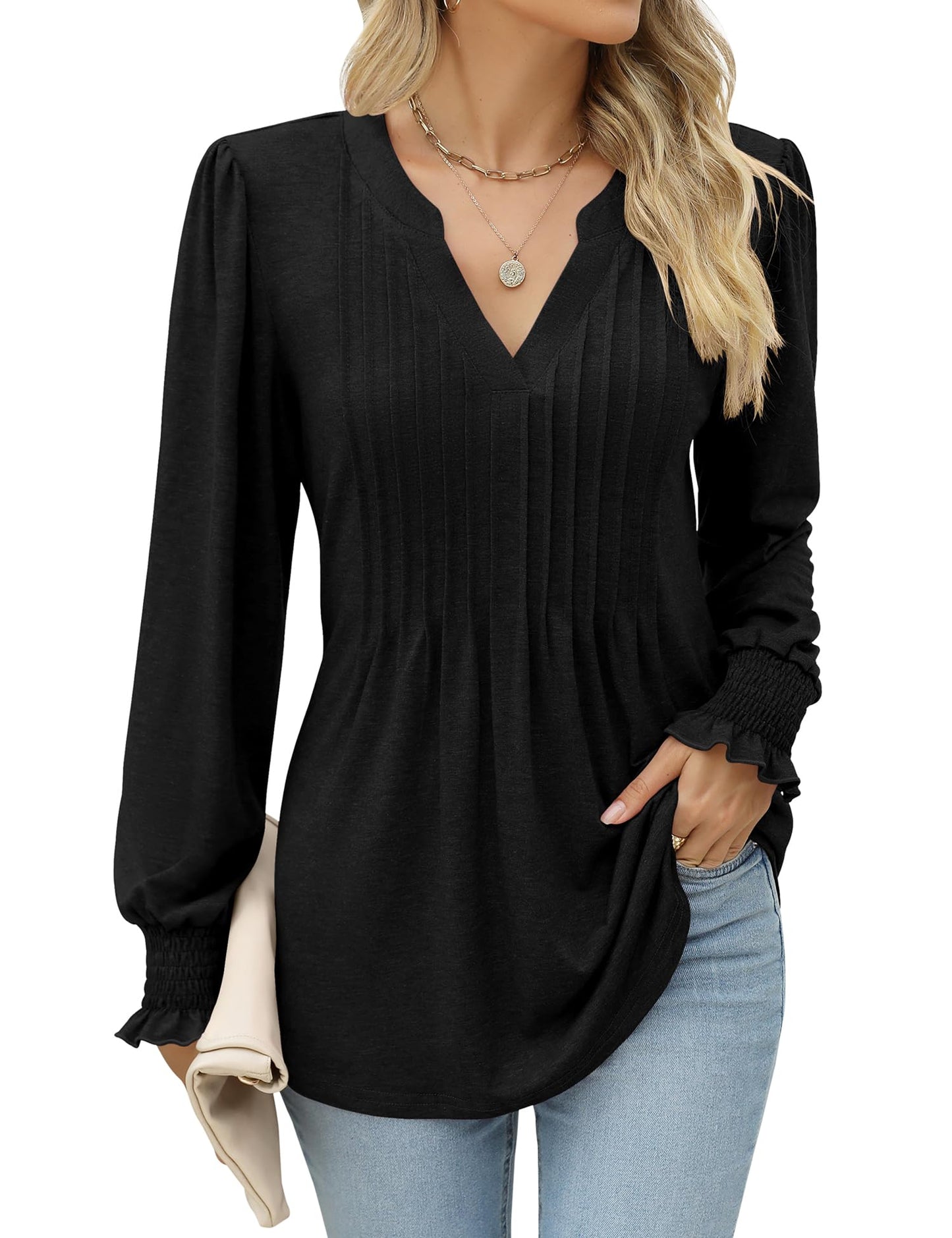 LOMON Long Sleeve Blouses for Women Fall Smocked Tunic Tops Fashion V Neck Shirts Casual Loose Pleated T-Shirts