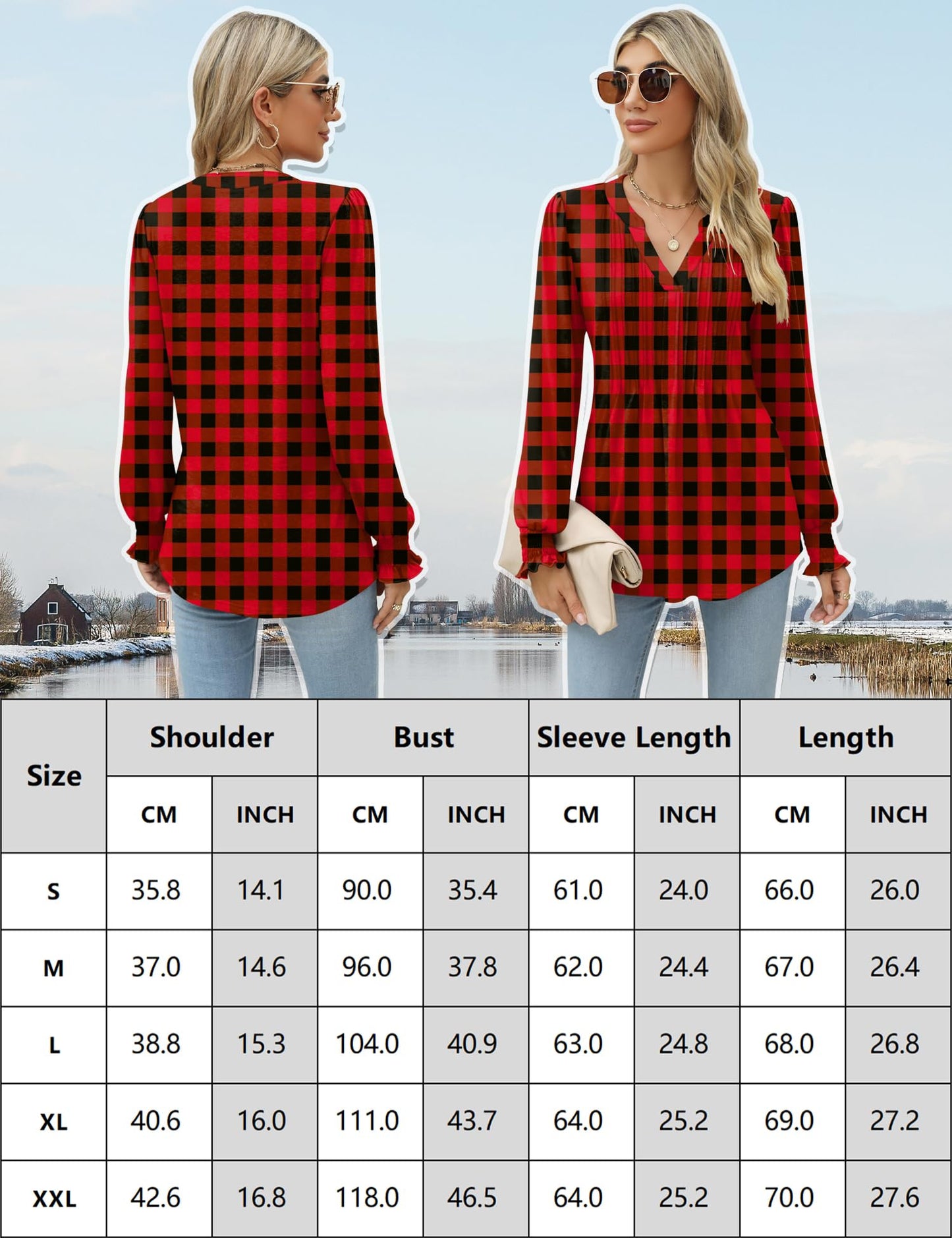 LOMON Long Sleeve Blouses for Women Fall Smocked Tunic Tops Fashion V Neck Shirts Casual Loose Pleated T-Shirts