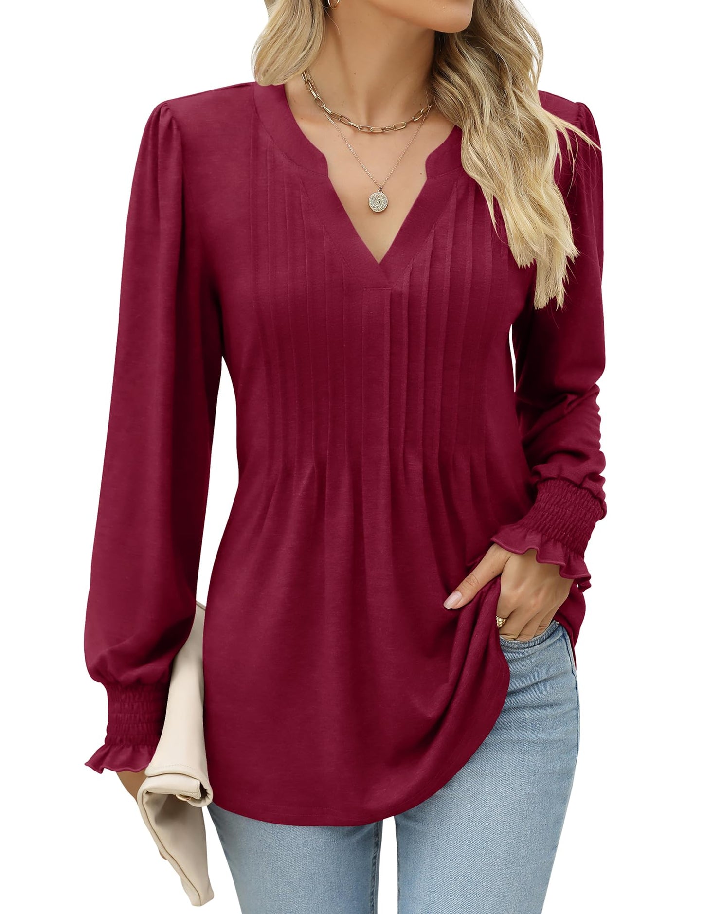 LOMON Long Sleeve Blouses for Women Fall Smocked Tunic Tops Fashion V Neck Shirts Casual Loose Pleated T-Shirts