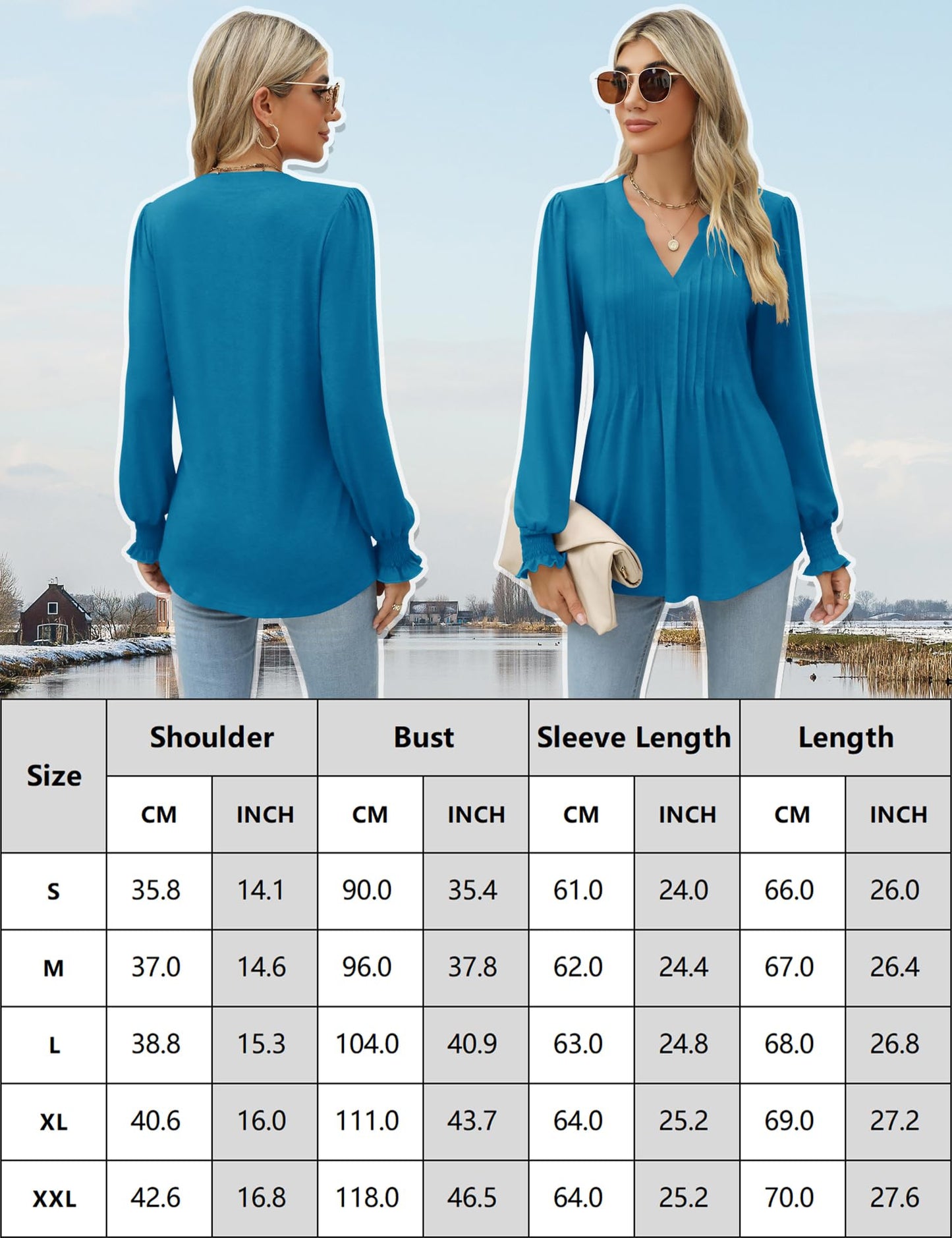 LOMON Long Sleeve Blouses for Women Fall Smocked Tunic Tops Fashion V Neck Shirts Casual Loose Pleated T-Shirts