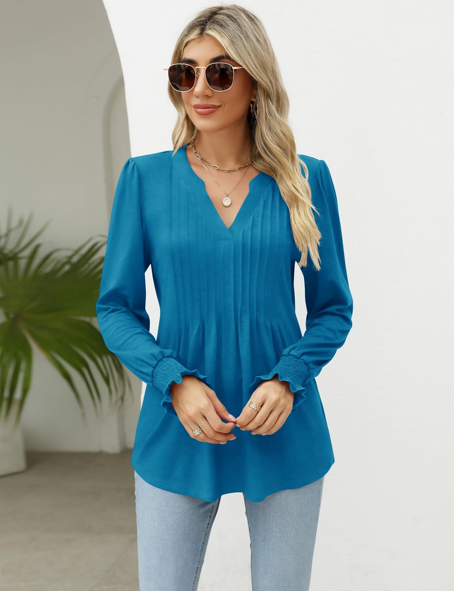 LOMON Long Sleeve Blouses for Women Fall Smocked Tunic Tops Fashion V Neck Shirts Casual Loose Pleated T-Shirts