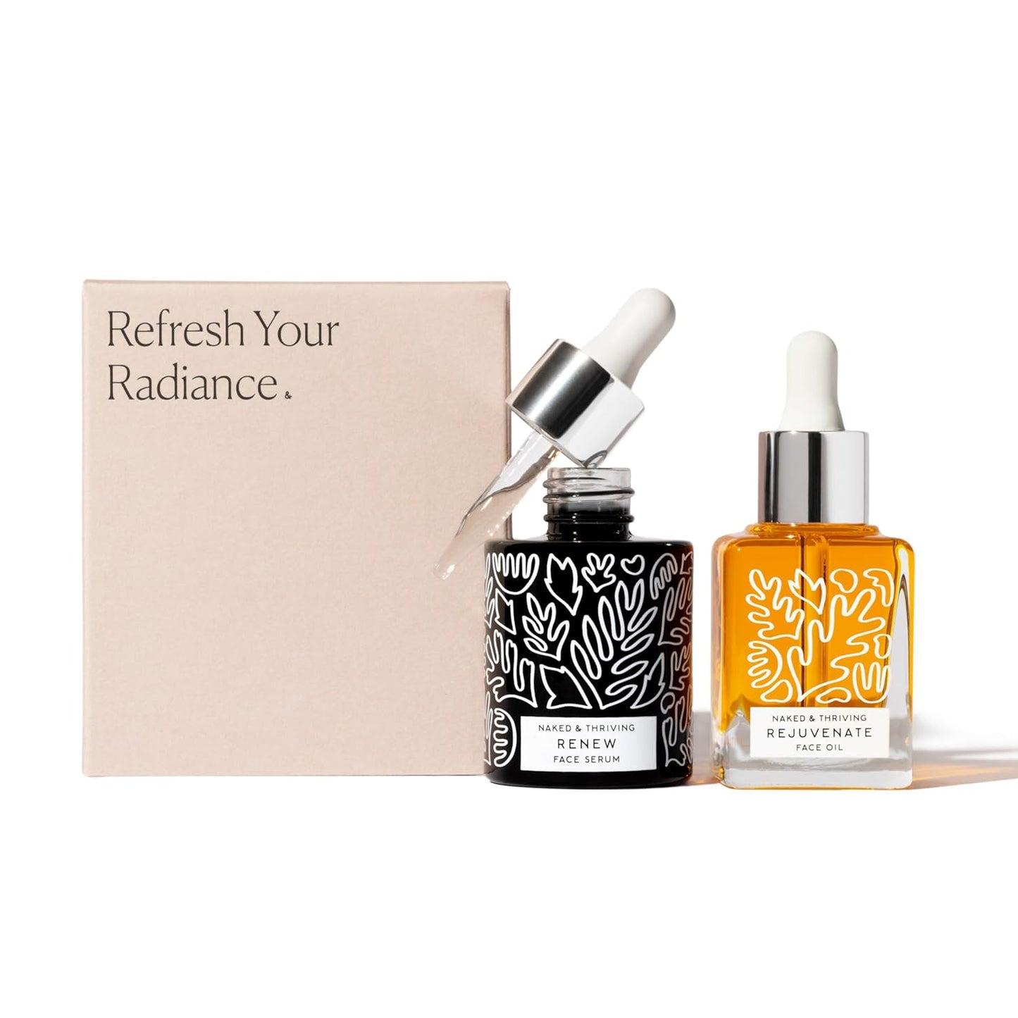 Naked & Thriving The Night Set | Renew Resurfacing Night Serum (30 mL) + Rejuvenate Restorative Face Oil (35 mL) with Hyaluronic Acid, Argan & Sea Buckthorn Oils and Fruit AHAs (Set of 2)