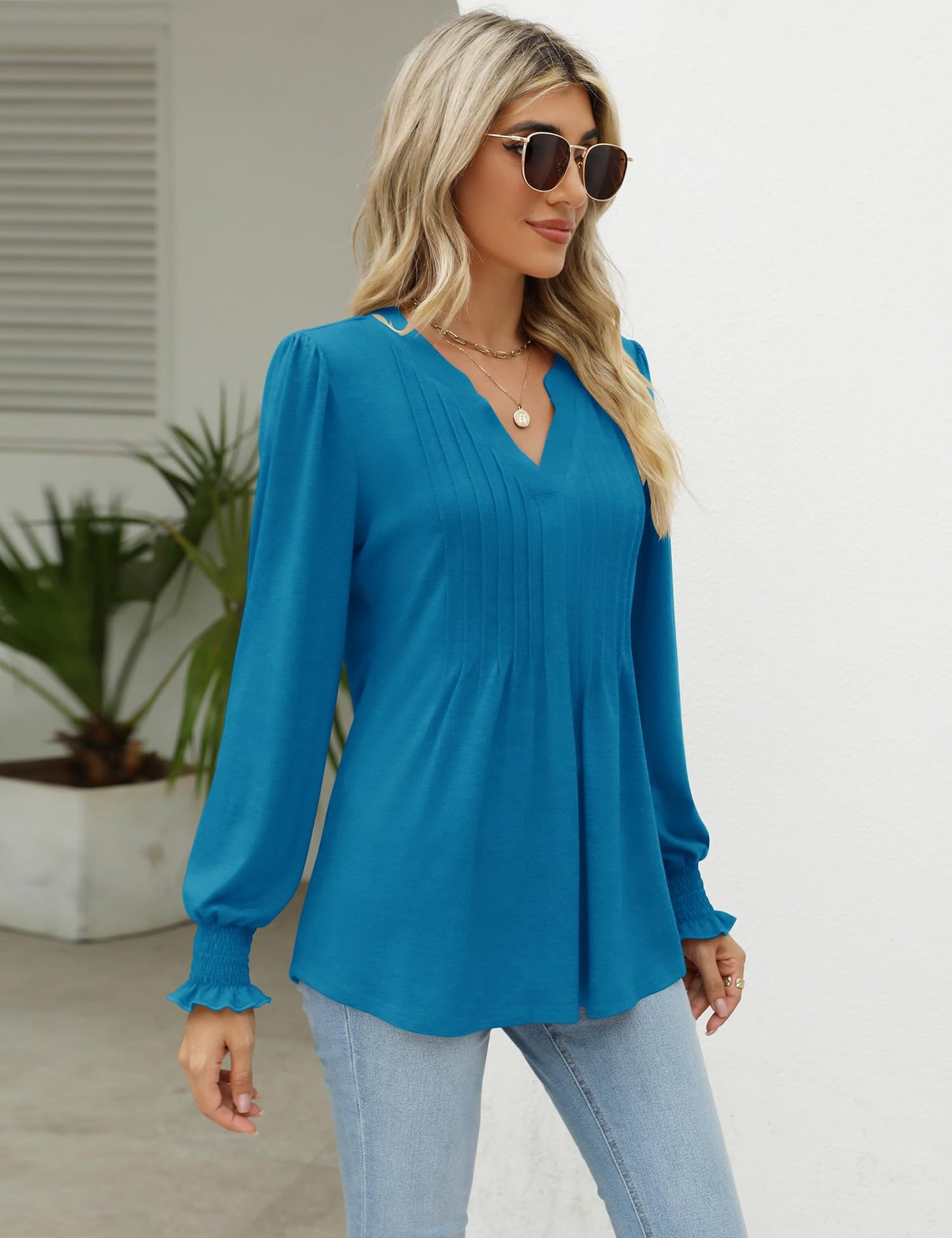 LOMON Long Sleeve Blouses for Women Fall Smocked Tunic Tops Fashion V Neck Shirts Casual Loose Pleated T-Shirts