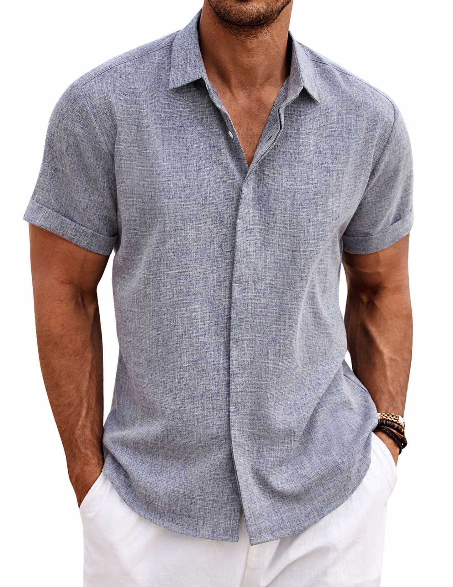 COOFANDY Men's Linen Shirts Short Sleeve Casual Shirts Button Down Shirt for Men Beach Summer Wedding Shirt