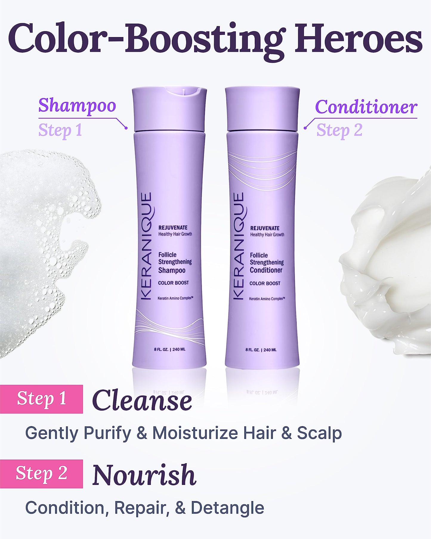 Keranique Volumizing Shampoo and Conditioner Set for Hair Repair and Growth with Biotin and Keratin for Women, Thinning Hair Formula, 8 Fl Oz Each