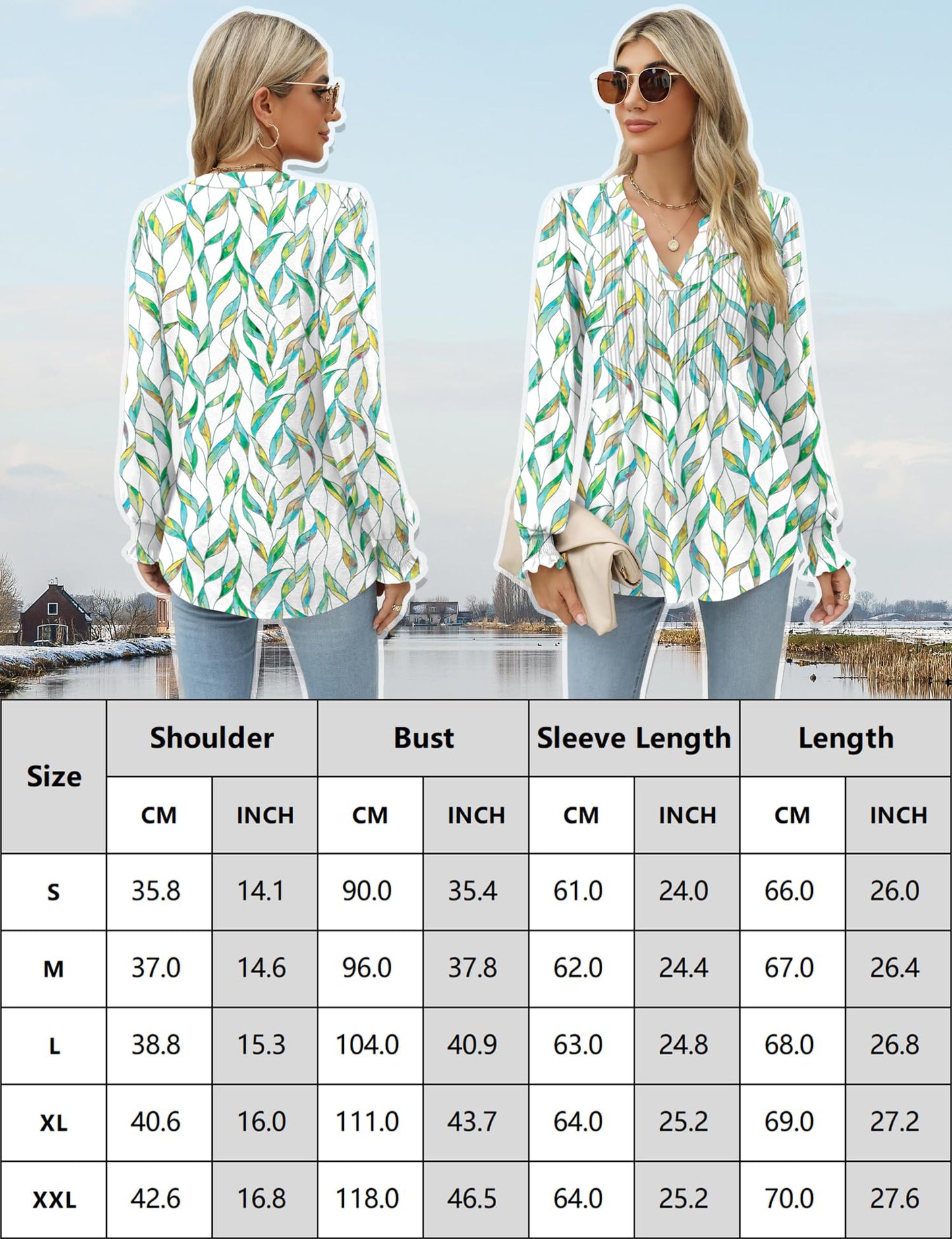 LOMON Long Sleeve Blouses for Women Fall Smocked Tunic Tops Fashion V Neck Shirts Casual Loose Pleated T-Shirts