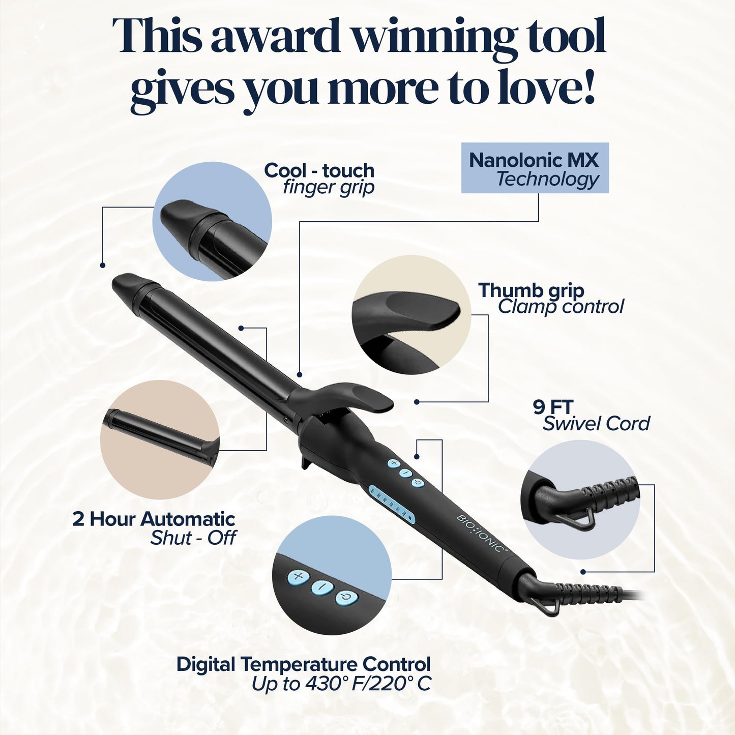 Bio Ionic Long Barrel Styler, Curling Iron with Moisture Heat Technology & NanoIonic MX, Versatile Curling Wand with Adjustable Heat Settings, Hair Curler with Extended Barrel