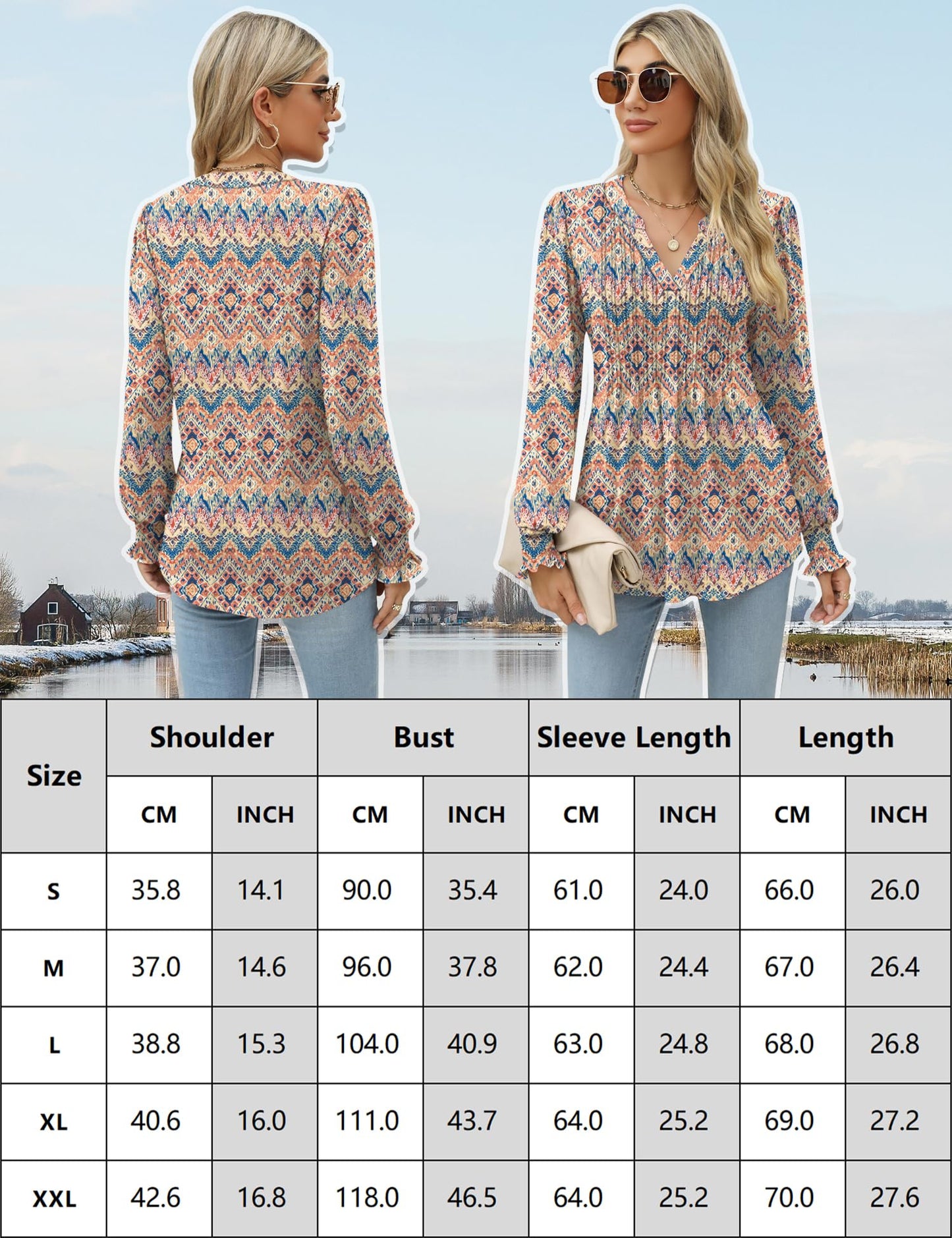 LOMON Long Sleeve Blouses for Women Fall Smocked Tunic Tops Fashion V Neck Shirts Casual Loose Pleated T-Shirts