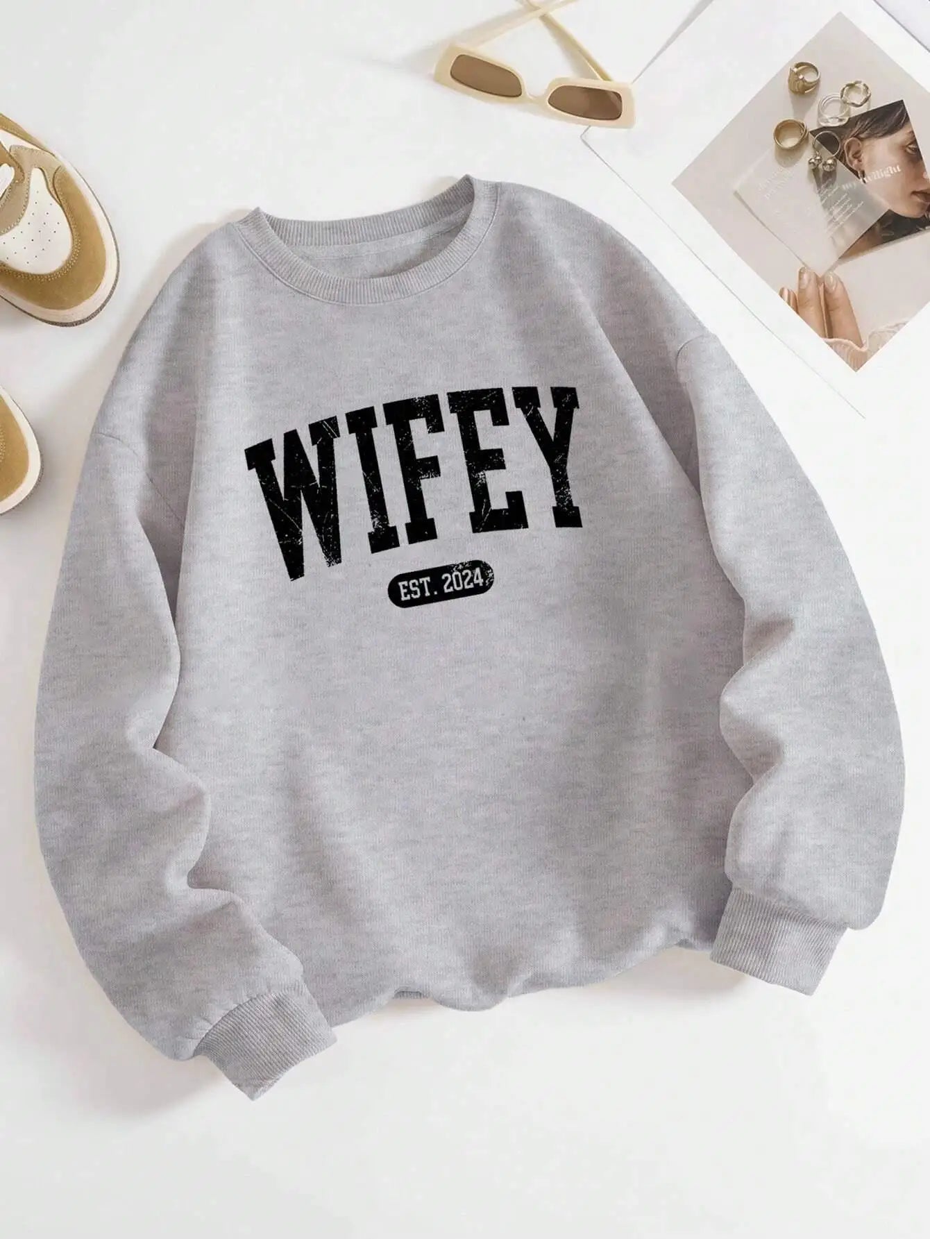 Street Casual Women Pullover Wifey EST.2024 Letter Printing Sweatshirt Warm Soft Hoodies Loose Crewneck Fleece Female Clothing