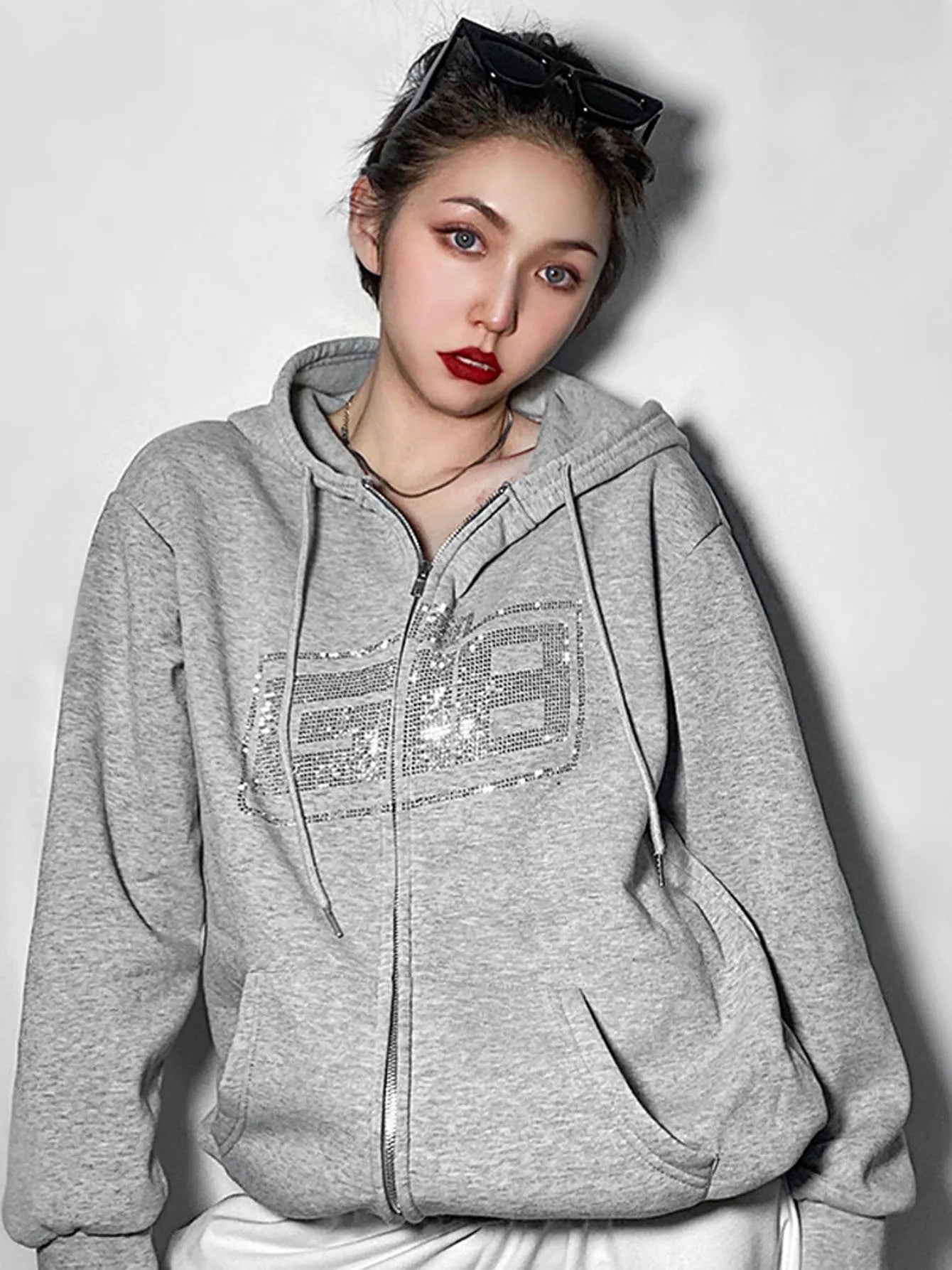 Gothic Rhinestone Letter Print Women's Long Sleeve Pullover Hoodies Zipper Loose Oversized Streetwear Casual 2024 Autumn Winter