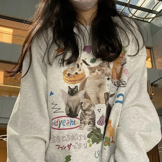 Milk Cat Printed Sweatshirt Autumn Winter Long Sleeve Fashion Streetwear Women Top Harajuku Y2k Aesthetic Graphic Women Clothing