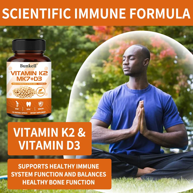 Vitamin K2 (MK7) + D3 Supplement - Healthy Bones, Teeth and Immune System, Promotes Clean Overall Circulation, Non-GMO