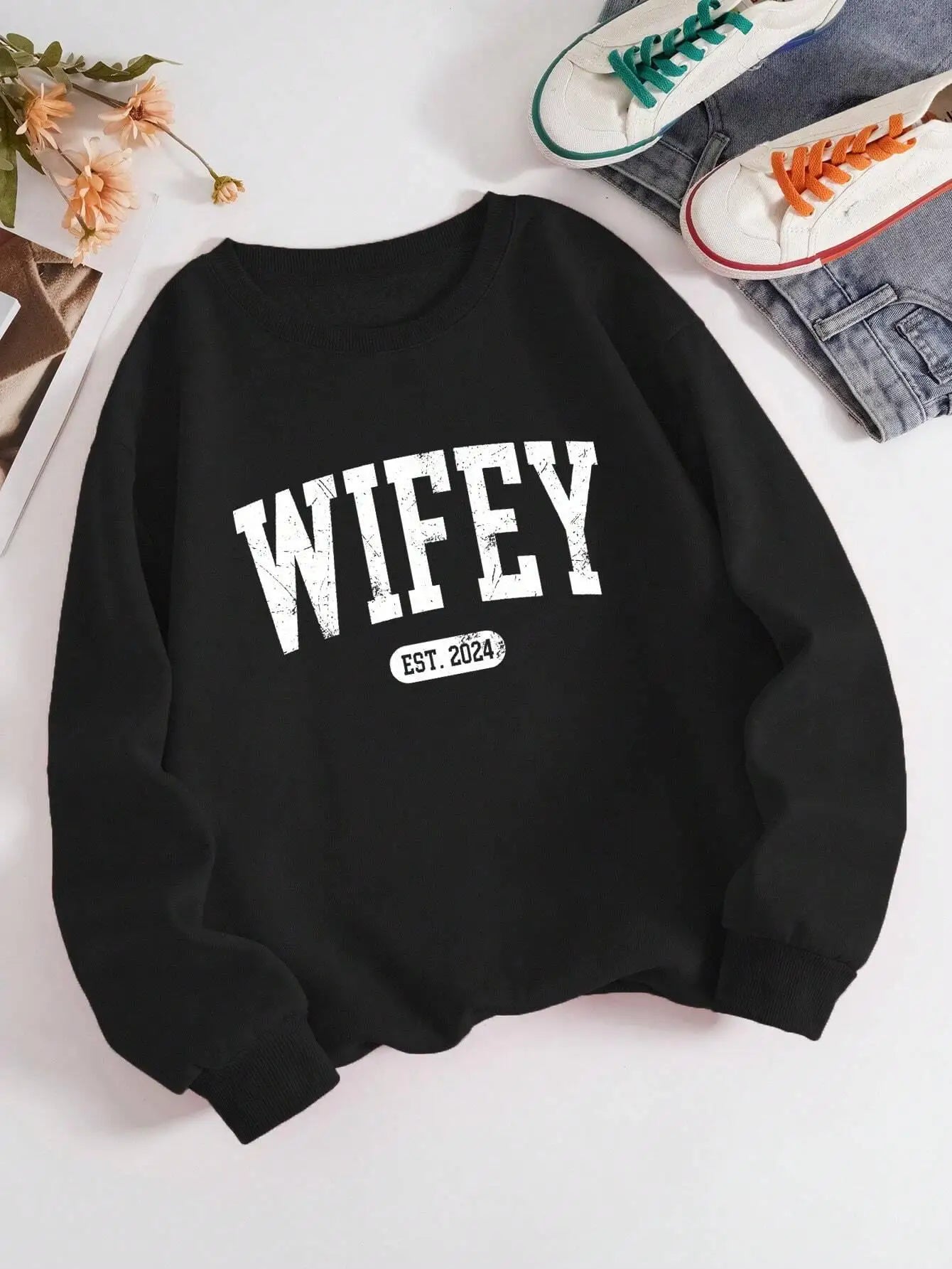 Street Casual Women Pullover Wifey EST.2024 Letter Printing Sweatshirt Warm Soft Hoodies Loose Crewneck Fleece Female Clothing