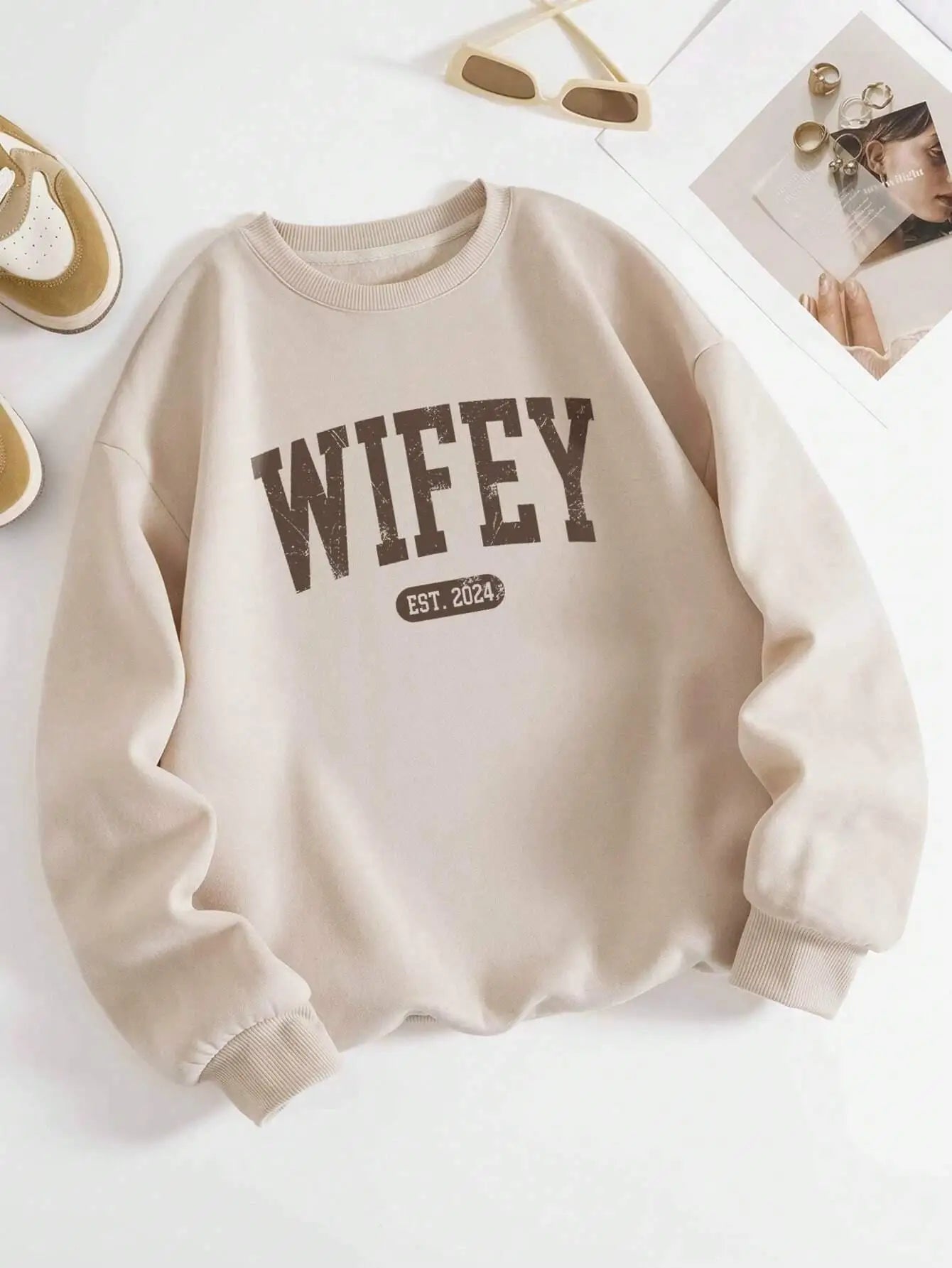 Street Casual Women Pullover Wifey EST.2024 Letter Printing Sweatshirt Warm Soft Hoodies Loose Crewneck Fleece Female Clothing