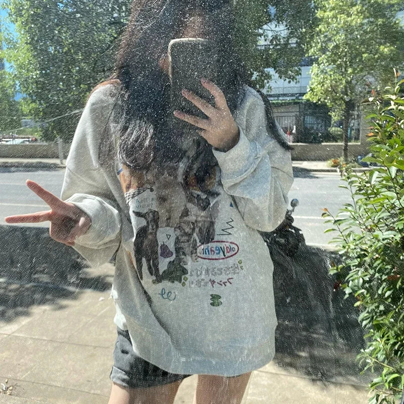 Milk Cat Printed Sweatshirt Autumn Winter Long Sleeve Fashion Streetwear Women Top Harajuku Y2k Aesthetic Graphic Women Clothing