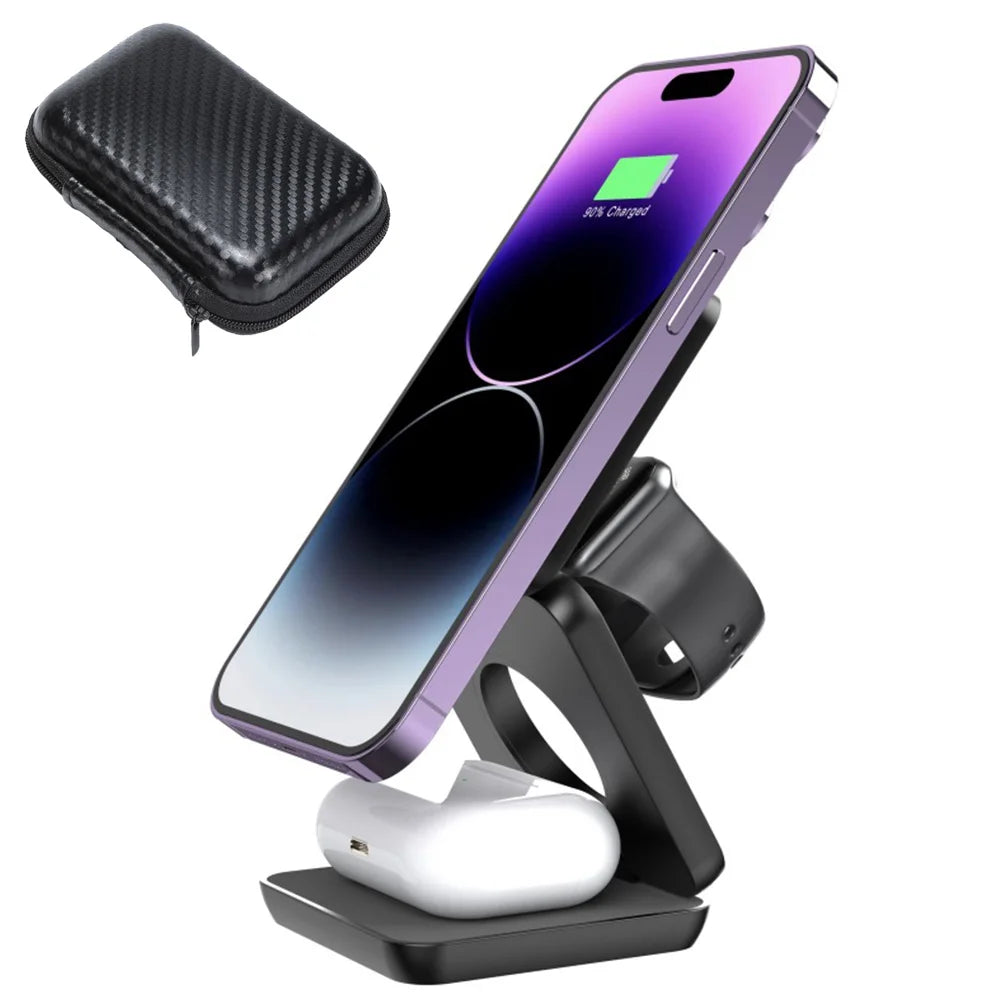 3 In 1 Foldable Magnetic Wireless Charger Stand Fast Charging Holder For IPhone 15 14 13 IWatch 8 7 Air-Pods Pro Dock Station